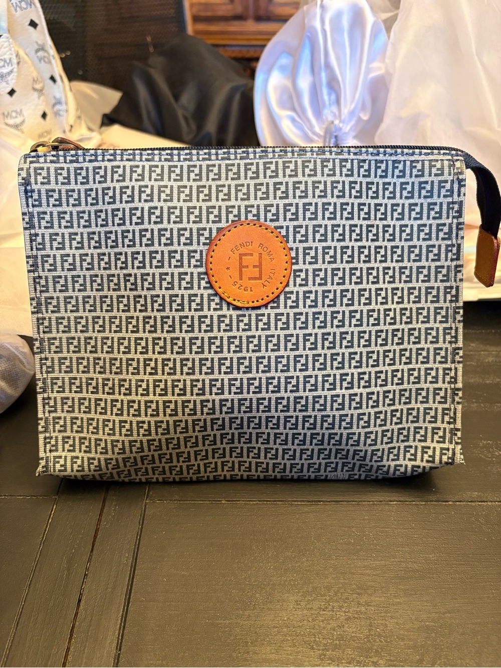 Fendi Blue and Tan FF Logo Canvas Toiletry Pouch